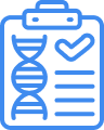 An icon with a report on a clipboard with a double helix DNA strand and a checkmark displayed on it.