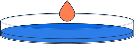 An illustration of a blue petri dish with an orange drop falling into it.